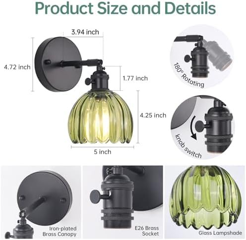 Shenmoyl Vintage Wall Sconce with Green Tulip Glass Lampshade 180 Degree Adjustable Black Sconce Hradwired Modern Wall Lighting Fixture with Switch for Bedside Bedroom Doorway - Image 6