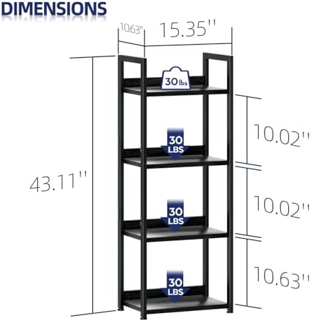 NUMENN Narrow Bookshelf, 4 Tier Freestanding Shelving Unit, Black - Image 3