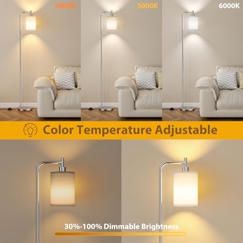 Ziisee 64" Floor Lamp for Living Room with Remote Control, White Shade with Brushed Nickel Pole, Dimmable Tall Lamps for Bedroom Office Corner, 9W LED Bulb Included - Image 4