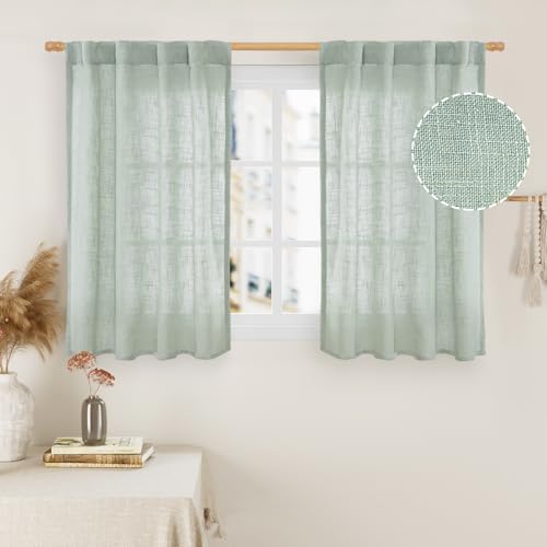 LAMIT Short Linen Window Curtains 40 Inch Length 2 Panels, Light Sage by LAMIT