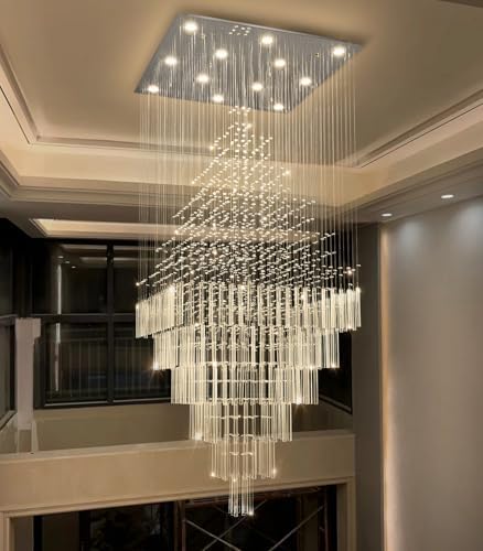 HAIXIANG W32 x H120 Glam Chandelier with LED Bulbs Square Chandeliers, Crystal Raindrop High Ceiling Pendant Light for Entrance Large Villa Chandelier Foyer Lighting Fixtures Silver by HAIXIANG
