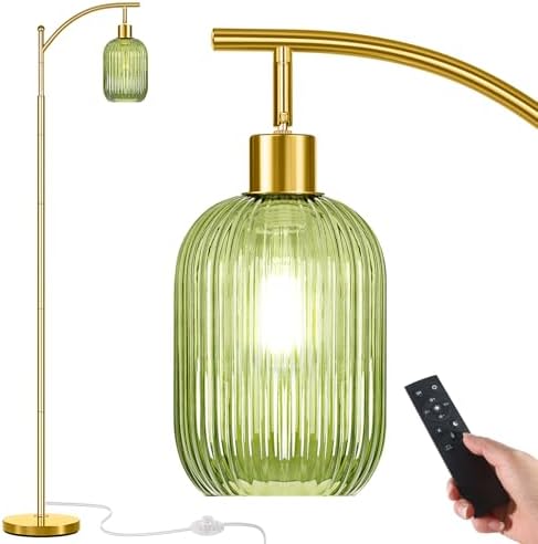 gernehop Gold Floor Lamp for Living Room with Remote Control,Unique Vintage Standing Tall Lamp,Mid Century Modern Floor Lamps Arc Green Glass Floor Lamps for Office Corner by gernehop