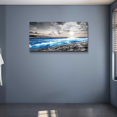 hyidecorart Wall Decor For Living Room Framed Canvas Wall Art For Office Bedroom Decorations Blue Ocean Wall Painting Black and White Beach Pictures Artwork Modern Mural Home Walls Decor - Image 6