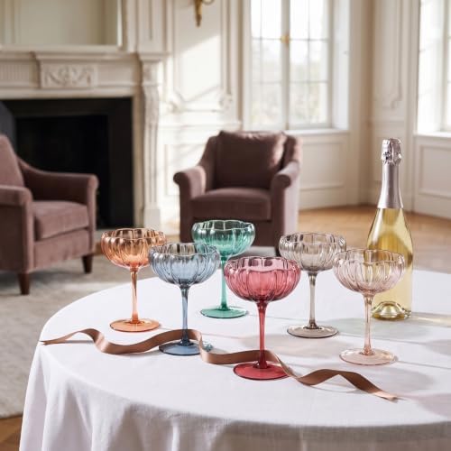 Khen Flower Modern Wavy Glass Coupes Martini, Champagne & Cocktail Coupes - Set of 6-7.7 oz Colorful Cocktail Glasses for Champagne, Prosecco, Mimosa - Copyright Design - Muted Pastel Colors - Image 6