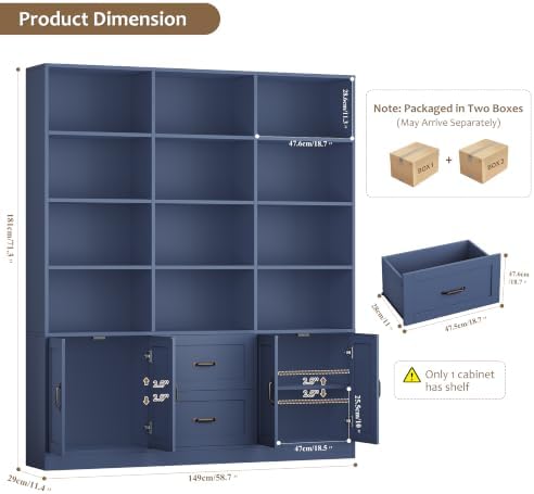 HOSTACK 71" Tall Triple Wide Bookshelf with Storage Drawers & Doors, Blue - Image 3