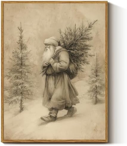 InSimSea Vintage Winter Christmas Decor, Santa with Tree Framed Art by InSimSeaArt