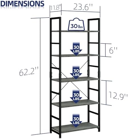 NUMENN 5 Tier Bookshelf, Tall Freestanding Open Storage Bookcase, Dark Grey - Image 3