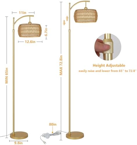 eyassi Arc Floor Lamp with 3 Color Temperatures, LED Gold Floor Lamp with Remote & Stepless Dimmable Bulb, Boho Standing Lamp with Rattan & Fabric Shades, Farmhouse Tall Lamp for Living Room Bedroom - Image 5