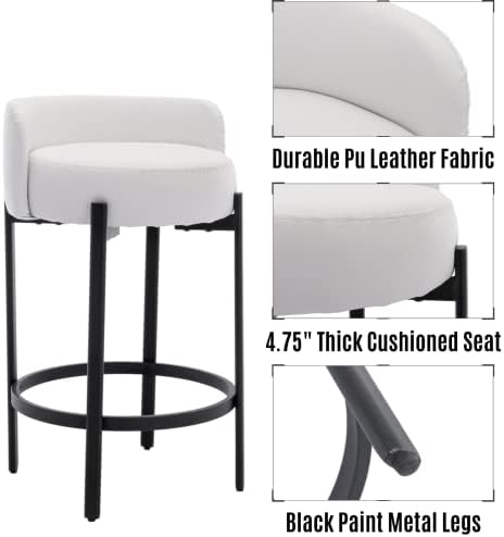 LukeAlon Modern PU Leather Counter Stools Set of 4, Upholstered 26" Seat Height Barstools with Black Metal Legs Round Low Back Kitchen Stools with Footrest for Dining Room Small Places, Cream White - Image 3