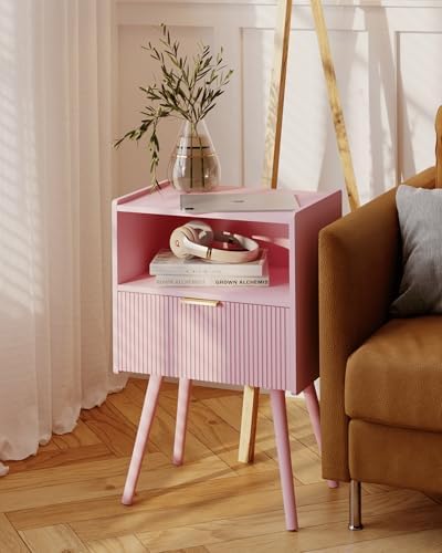 JOONEE Nightstand,Modern Bedside Table with Storage Drawer and Open Wood Shelf, for Living Room, Bedroom and Small Spaces, Accent Night Stand with Solid Wood Legs, Easy Assembly,Classic Pink - Image 5