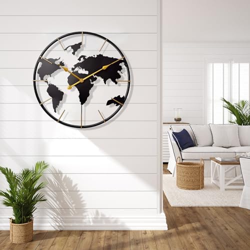 Large World Map Wall Clock,Metal Minimalist Modern Clock,Round Non-Ticking - Image 6