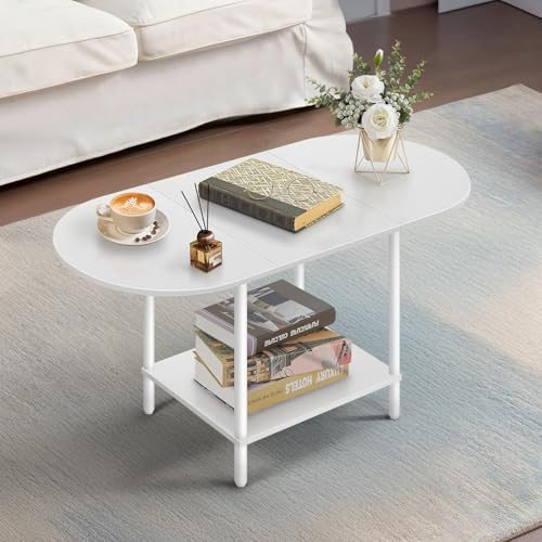 White Coffee Tables for Living Room,Mid Century Oval Center Table with Storage Shelf and Wood Tabletop,2-Tier Modern Narrow Cocktail Tea Table for Small Space,Small Apartment by Unknown