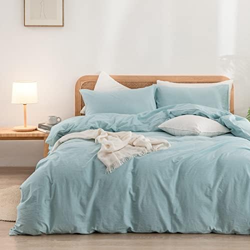 BESTOUCH Cotton Solid Duvet Cover Set Linen Feel Hushed Green Full by BESTOUCH