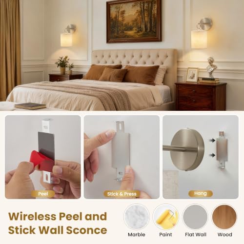 Peel and Stick Sconces Set of 2 Brushed Nickel,Detachable Battery Operated Wall Sconce With 10000mah Rechargeable Bulbs,12 RGB Battery Sconce With Remote,Renter Friendly Wall Lamps for Bedroom,Hallway - Image 2