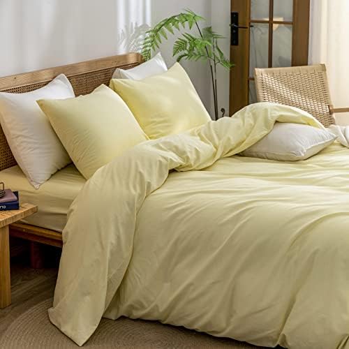 BESTOUCH Cotton Solid Duvet Cover Set Linen Feel Light Yellow Twin - Image 2