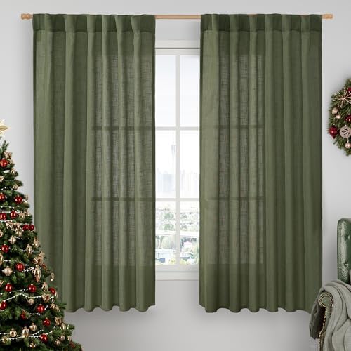 LAMIT Olive Green Linen Curtains 63 Inch for Bedroom, Semi Sheer Panels by LAMIT