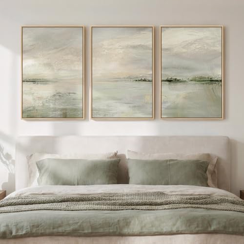 Framed Sage Green Abstract Landscape Wall Art for Bedroom, 3 Piece 16x24 In by Cuspin