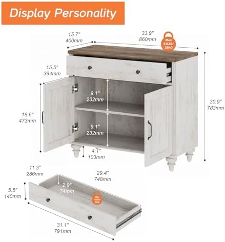 WAMPAT Buffet Cabinet with Doors & Drawer, Large Coffee Bar Table Wood Kitchen Storage Cabinets with Storage Cabinets, Modern Farmhouse Sideboard Credenza for Dining Room, Rsutic White, 34 inch - Image 2