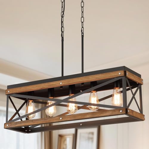 Rustic Farmhouse Wood Kitchen Island Lighting, 5 Lights Rectangular Pendant Light Fixture, Adjustable Chain Oak Wood and Metal Linear Chandelier for Dining Room Kitchen Island Farmhouse, Black by Unknown