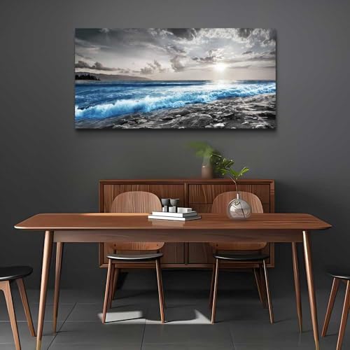 hyidecorart Wall Decor For Living Room Framed Canvas Wall Art For Office Bedroom Decorations Blue Ocean Wall Painting Black and White Beach Pictures Artwork Modern Mural Home Walls Decor - Image 2
