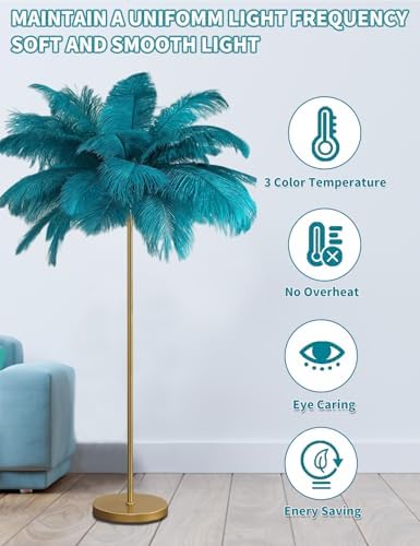 Feather Floor Lamp,Fluffy Ostrich Feather Floor Lamp for Bedroom,3 Color Temperatures Led Corner Modern Floor Lamps for Living Room Christmas Home Decor House Warming Gifts,63″ Height (Peacock Blue) - Image 5