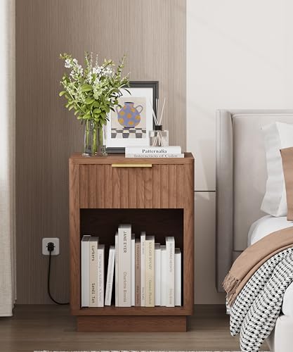 Akxomel Fluted Nightstand Set 2 Bedside Table with Charging Station Walnut - Image 5