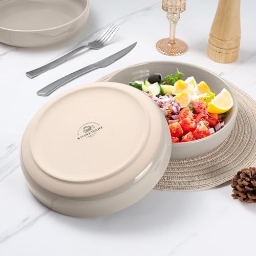 LIANYU Pasta Bowls Set of 4, 33oz Stoneware Salad Serving Bowls, Large and Round Pasta Plates for Dinner, Dishwasher & Microwave Safe, Milky Brown - Image 3
