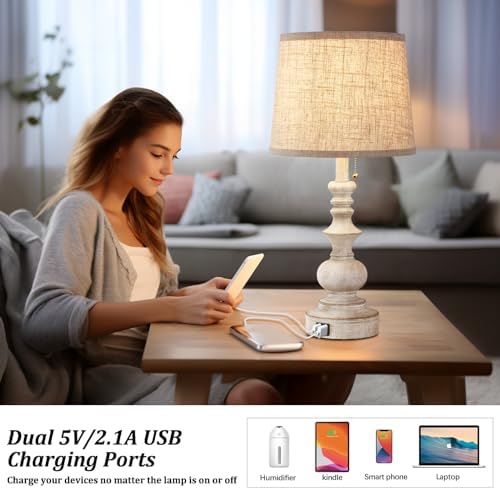 Drawealth Table Lamps for Bedrooms Set of 2 Farmhouse Bedside Lamps for Nightstand with USB Charging Ports Traditional Side Table Lamps for Living Room Wooden Finish, Pull Chain, Bulbs Not Included - Image 5