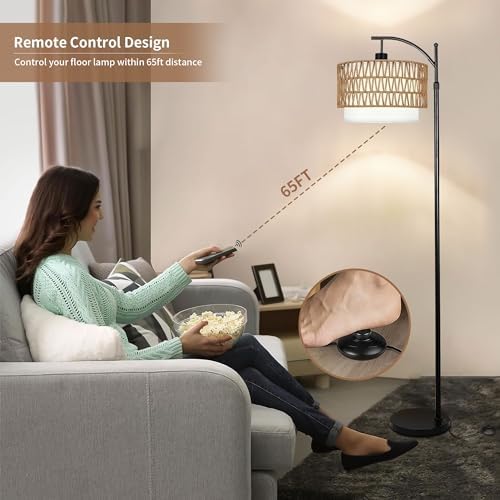 ZECOXOL Arc Floor Lamp with Table and Shelves,Rattan Boho Floor Lamp with Remote Control,Rustic Floor Lamps for Bedroom Wicker Standing Lamp with 3 Color Temperature Tall Lamp for Living Room Corner - Image 4