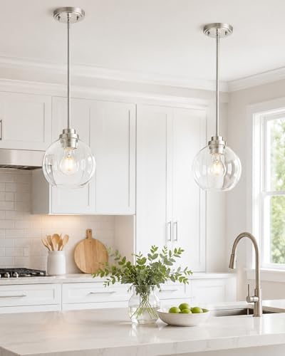 Pendant Lights Kitchen Island, 7" Modern Brushed Nickel Hanging Lights Fixtures with Clear Glass Globe Shade, Kitchen Island Lighting for Bathroom, AD-22280-1P-SN-C - Image 3