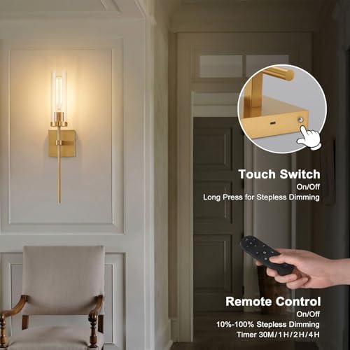 Wireless Wall Sconces with Remote Control, Brushed Gold Battery Operated Wall Sconce Set of 2, Dimmable Rechargeable Wall Decor Lights for Living room Dining room Bathroom Bedroom Hallway Stairwell - Image 3