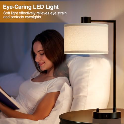 Luvkczc Table Lamp for Bedroom Set of 2 with USB C+A Ports, Fully Stepless Dimmable Bedside Lamp with Linen Lampshade, Contemporary Lamp for Living Room Reading Office, 2 LED Bulbs Included (Black) - Image 4