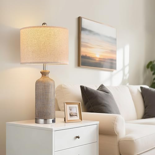 Living Room Lamps Set of 2, 27" Touch Lamps for Nightstand with USB A+C Ports, Modern Farmhouse Table Lamps for Bedroom, Wood Grain, Ceramic - Image 3