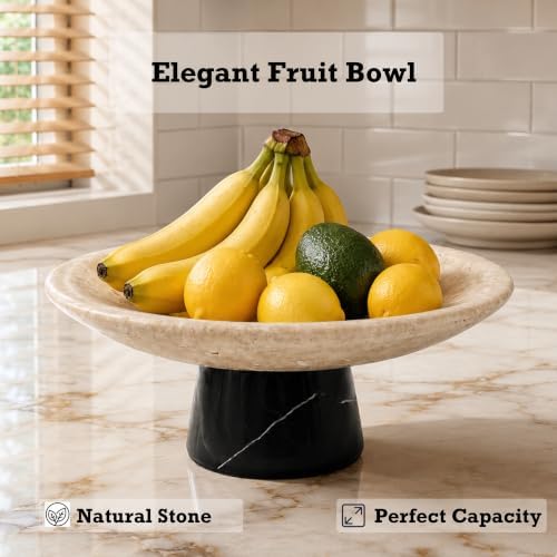Travertine Fruit Bowl with Black Marble Pedestal,10.2" Centerpiece - Image 5