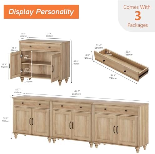WAMAPT Oak Buffet Cabinet with 6 Doors and 3 Drawers, Large Coffee Bar Table Wood Kitchen Storage Cabinets, Modern Farmhouse Sideboard Credenza for Dining Room, 101 inch - Image 2