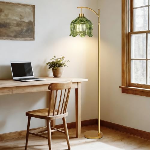 QIYIZM Green Floor Lamp for Living Room,Bedroom,Gold Dimmable Standing Lamp with Remote,Mid Century Modern Brass Tall Lamp Boho Floor Lamps Arc Vintage Glass Flower Floor Light Lamp Girls Bohemian - Image 6