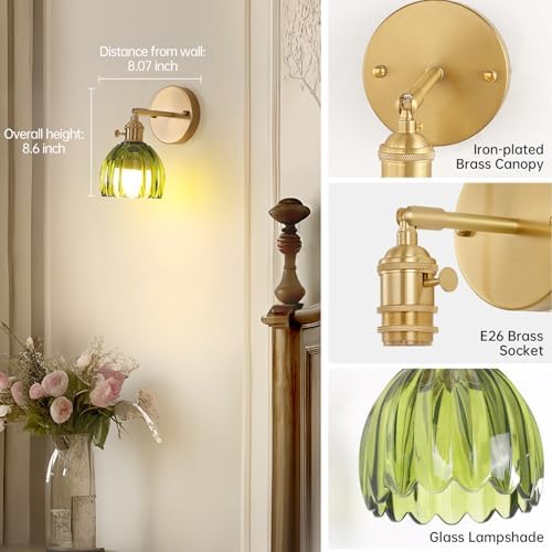 Shenmoyl Vintage Battery Operated Wall Sconce with Green Tulip Glass Lampshade 5000 mAh Rechargeable Battery Powered Wall Light with Remote Control for Bedside Bedroom Doorway, Set of 2 - Image 4