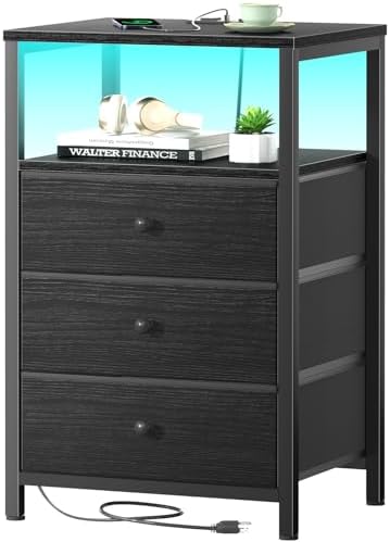 BOLUO Black Night Stand with 3 Fabric Drawers, Nightstand with Charging Station LED Nightstand for Bedroom, Bedside Table with USB Ports and Outlets Modern by BOLUO