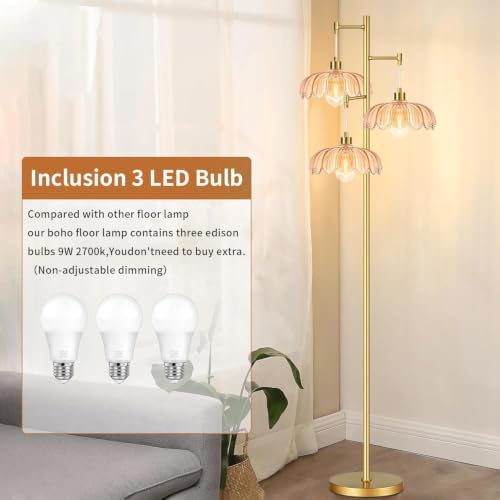 QIYIZM Glass Floor Lamp for Living Room,Bedroom,Gold Mid Century Modern Standing Lamp Brass Tree 3 Light Tall Floor Lamps Vintage Retro Floor Lights Flower Lamp Shade Farmhouse Boho Bohemian - Image 5