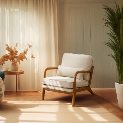 Bonnlo Fine Linen Beige Mid Century Modern Accent Chair, Soild Wood Padding Lounge Armchairs Side Sitting Chairs for Living Room, Bedroom, Guest Room by Bonnlo