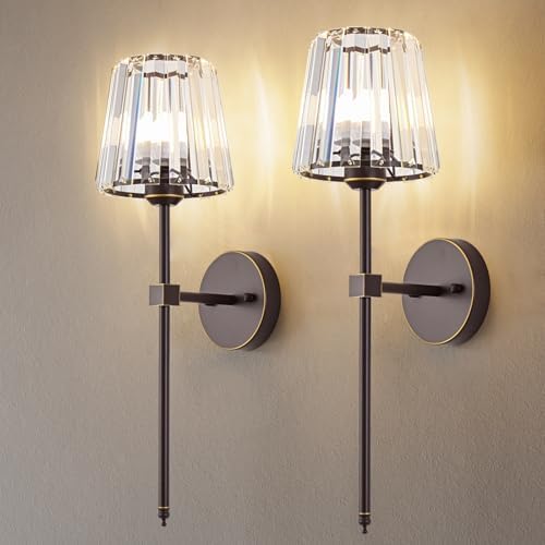 Crystal Battery Operated Wall Sconces Set of 2, Brown and Gold Rechargeable Wireless Wall Lights with Crystal Lampshade, 12 RGB and 3CCT Dimmable Wall Lamps with Remote for Bedroom Living Room Hallway by LJUJAM
