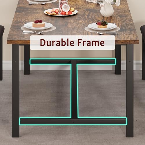IDEALHOUSE 3 Piece Dining Table Set for 4-6, 63" Extendable Thick Metal Frame Kitchen Table with 2 Upholstered Benches Set for 6, Rectangle Wooden Dinette Table Set for Dining, Apartment, Retro Brown - Image 4