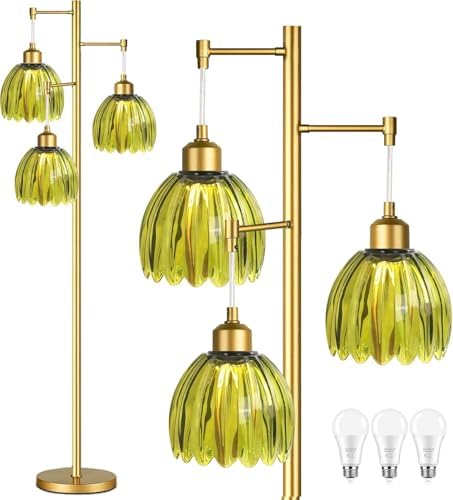 Vintage Floor Lamps for Living Room-3 Light Gold Floor Lamp with Three Bulbs & Glass Lampshape,Glass Mid Century Modern Standing Lamp Tree Tall Flower Floor Lamp for Bedroom Living Room,Corner by Unknown