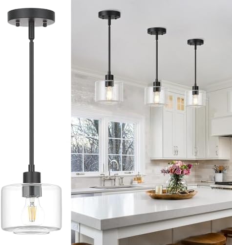 Black Pendant Lights Kitchen Island, 1-Light Modern Clear Glass Hanging Light Fixtures with Rods, Mini Kitchen Pendant Lighting Over Island for Sink Bathroom, OS-YQ8153-1PBKC by Osimir