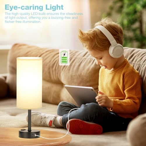 Fenmzee Beige Bedside Lamp for Bedroom, Dimmable Touch, USB A+C, AC Outlet - Image 5
