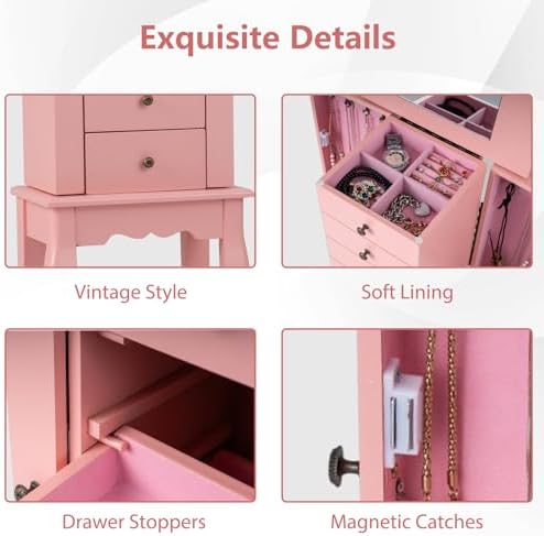 GIANTEX Standing Jewelry Armoire Cabinet with 4 Drawers, Flip Top Mirror, Top Storage Compartments, 2 Side Doors with 8 Necklace Hooks, Freestanding Jewelry Organizer Box Chest (Pink) - Image 5