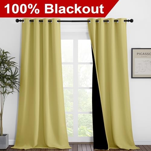 NICETOWN 100% Blackout Blinds, Set of 2, 46 inches x 96 inches, Laundry Room Decor Window Treatment Curtains for Large Patio Sliding Door, Thermal Insulated Paler Yellow Curtains for Bedroom - Image 2