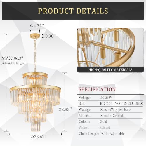 CATINER 24" Modern Crystal Chandeliers,15-Light Gold Round Light Fixture - Image 2