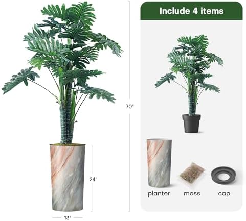 Artificial Tree in Modern Granite Effect Planter, Fake Philodendron Tree Silk Tree for Indoor and Outdoor Home Decoration - 70" Overall Tall (Plant Pot Plus Tree) - Image 3