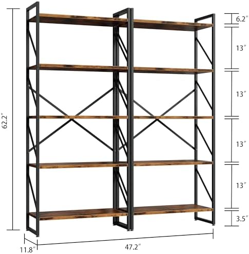 Shintenchi 5 Tiers Bookshelf, Classically Tall Bookcase Shelf, Industrial Book Rack, Modern Book Holder in Bedroom/Living Room/Home/Office, Storage Rack Shelves for Books/Movies-Rustic Brown - Image 2